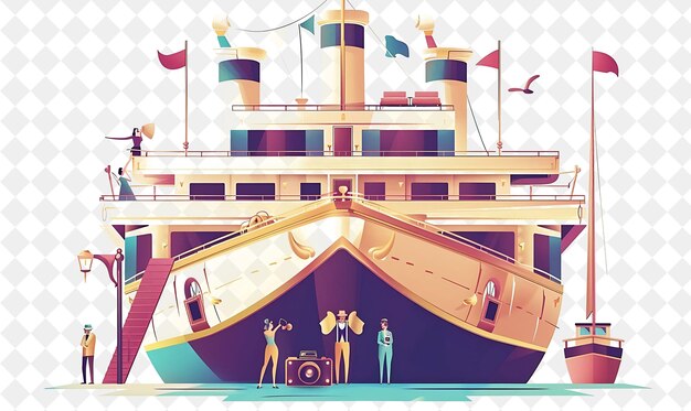 PSD art deco cruise ship with hollywood starlet characters havin people life style flat illustration