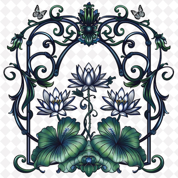 PSD art nouveau trellis made from wrought iron adorned with wate outline natural decorative design