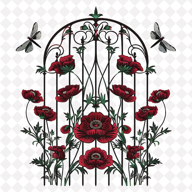 PSD art nouveau trellis made from wrought iron showcasing poppie outline natural decorative design