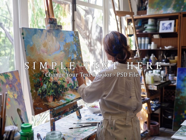 PSD artist painting a landscape in her studio