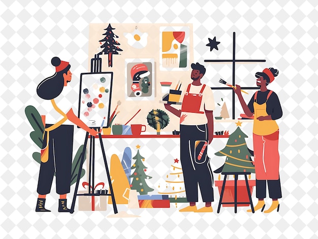 PSD artistic christmas art studio with painters and sculptors de illustration christmas art design