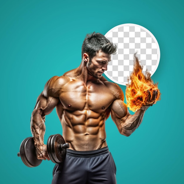 Artistic portrait of shirtless muscular male with burning dumbbell