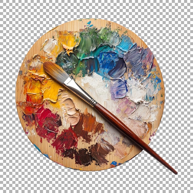 PSD artists pallet and brush oil paints on pallet on transparent background ai generated