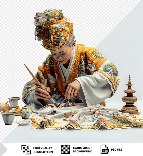 PSD asian artist painting on silk with brushes