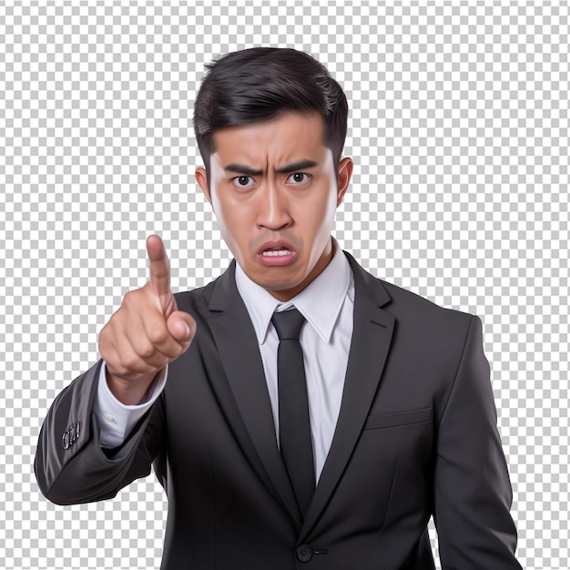 PSD asian businessman with shocked expression pointing with finger on transparent background