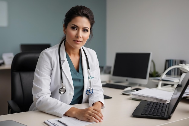 Asian female doctor sitting her hospital office and looking at camera