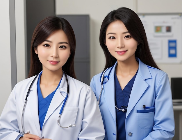 Asian female doctor wear blue uniform white medical coat stethoscope and looking at camera