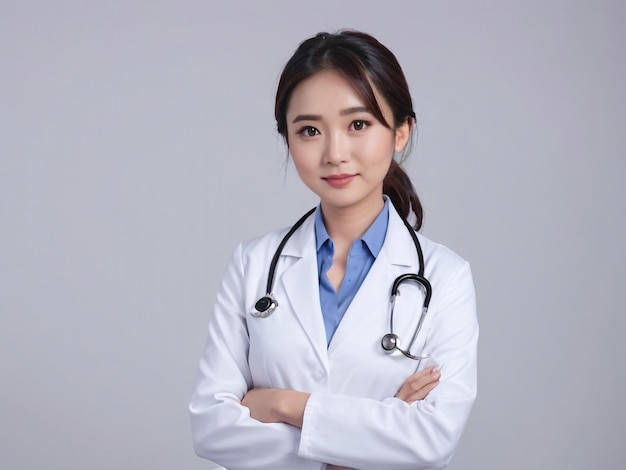 Asian female doctor wear blue uniform white medical coat stethoscope and looking at camera