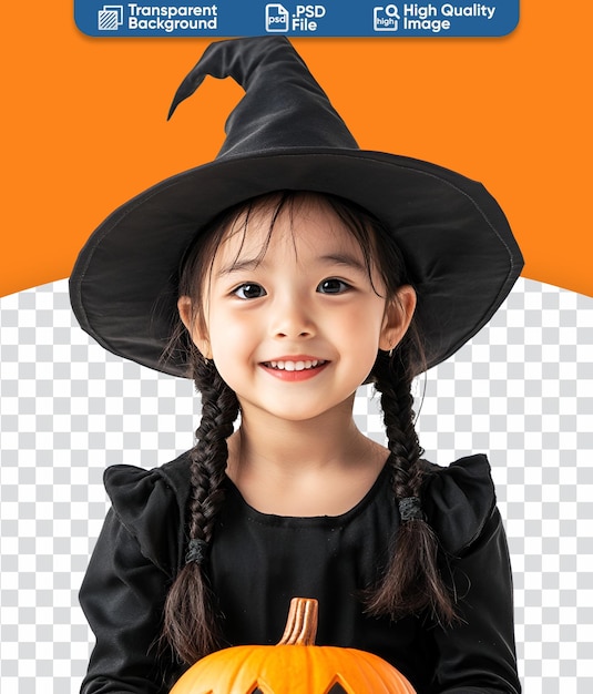 PSD asian girl in a happy little witch costume with hat celebrating halloween party