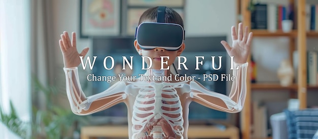 PSD asian little boy with vr glasses studying human body path simulation sciences at home