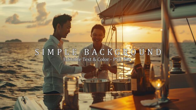 PSD asian man waiter serving champagne to tourist while catamaran boat sailing at summer sunset happy