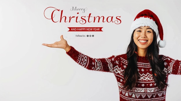 Asian person wearing christmas clothes index hand pointing