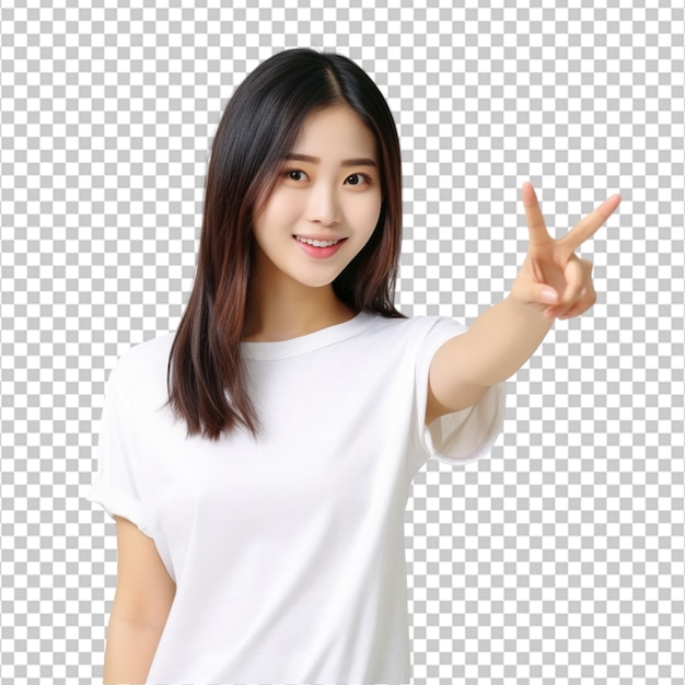 Asian pretty girl pointing finger to the side on white background