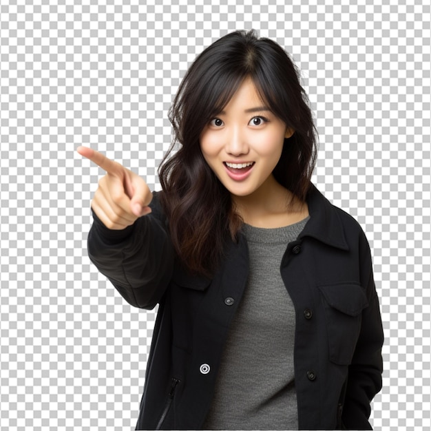 Asian pretty girl pointing finger to the side on white background