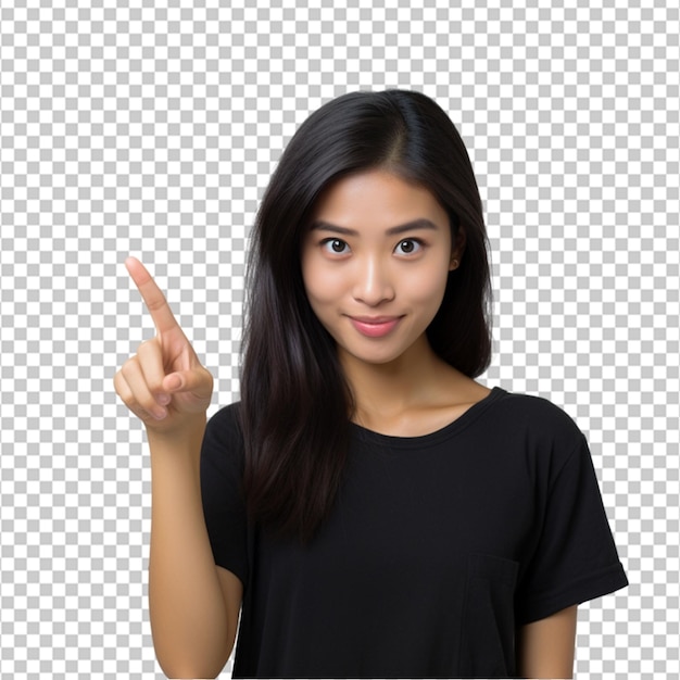 Asian pretty girl pointing finger to the side on white background