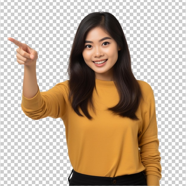 Asian pretty girl pointing finger to the side on white background