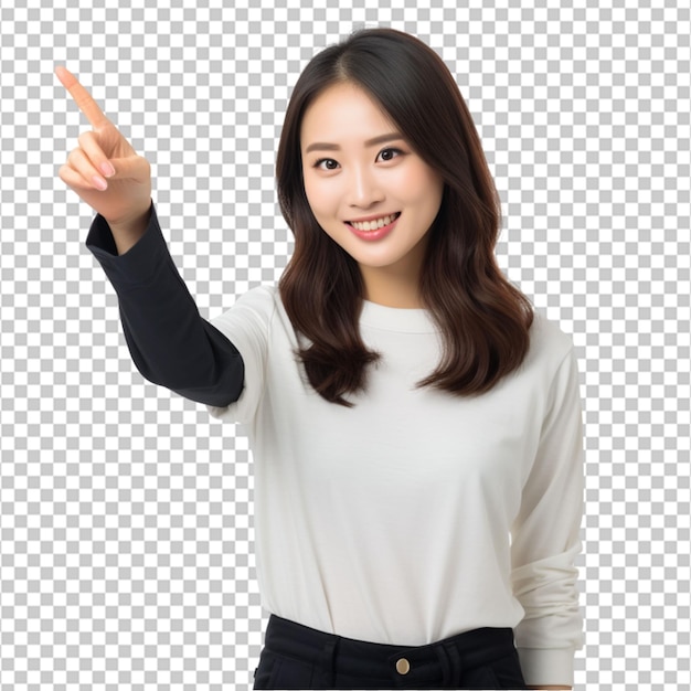 Asian pretty girl pointing finger to the side on white background