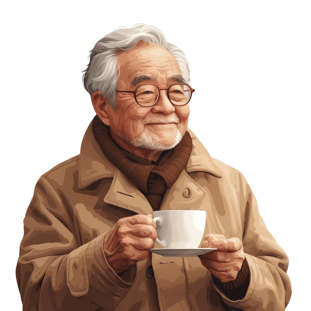 Asian Senior Man Drinking Cup Coffee Isolated On Transparent Background