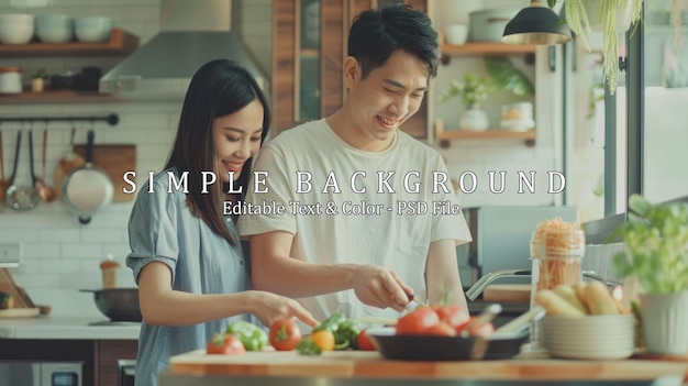 PSD asian young new marriage couple spend time together in kitchen at home attractive man and woman