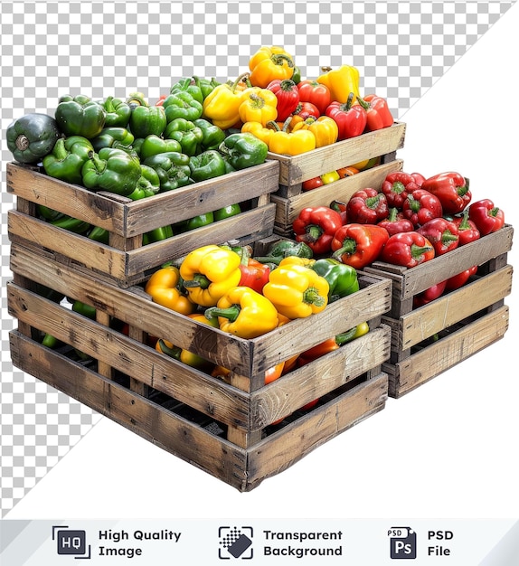 PSD assorted bell peppers in wooden crates on transparent background