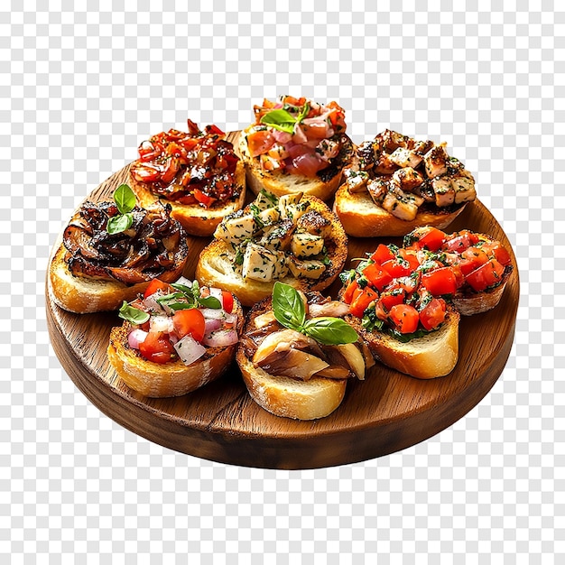 PSD assorted bruschetta with various toppings on a transparent background