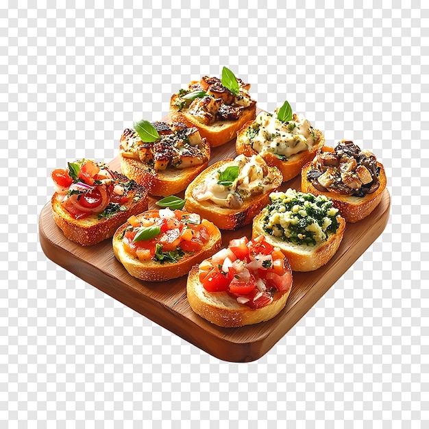 PSD assorted bruschetta with various toppings on a transparent background