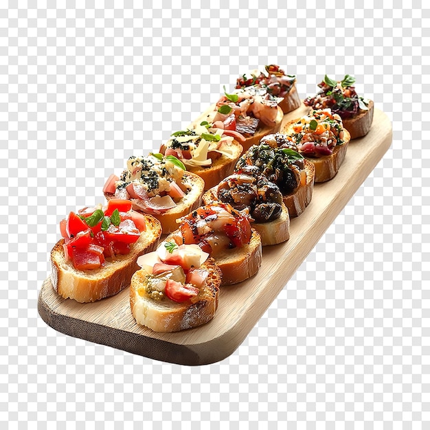 PSD assorted bruschetta with various toppings on a transparent background