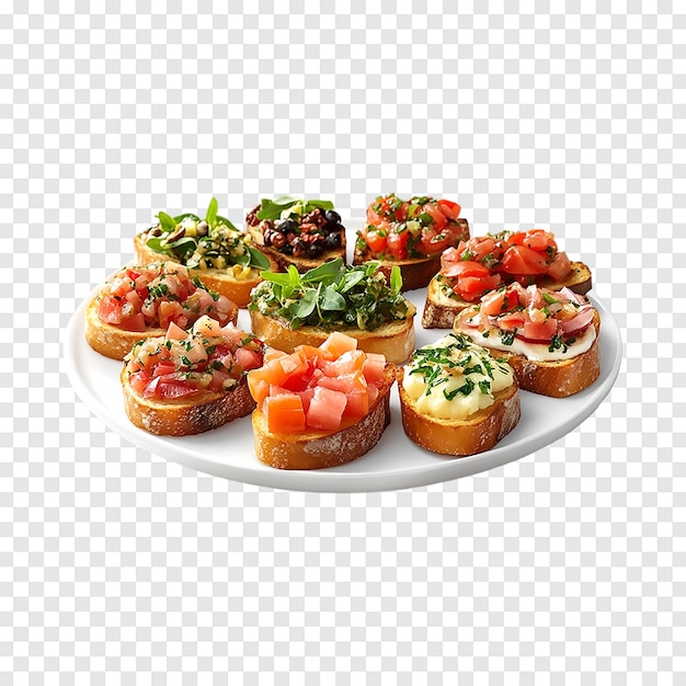 PSD assorted bruschetta with various toppings on a transparent background