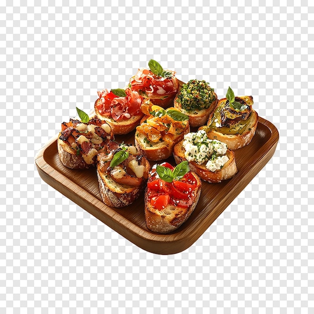 PSD assorted bruschetta with various toppings on a transparent background