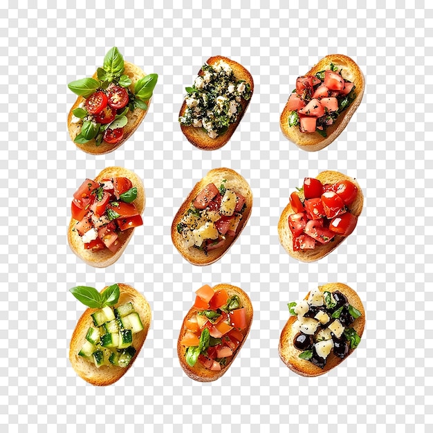 PSD assorted bruschetta with various toppings on a transparent background