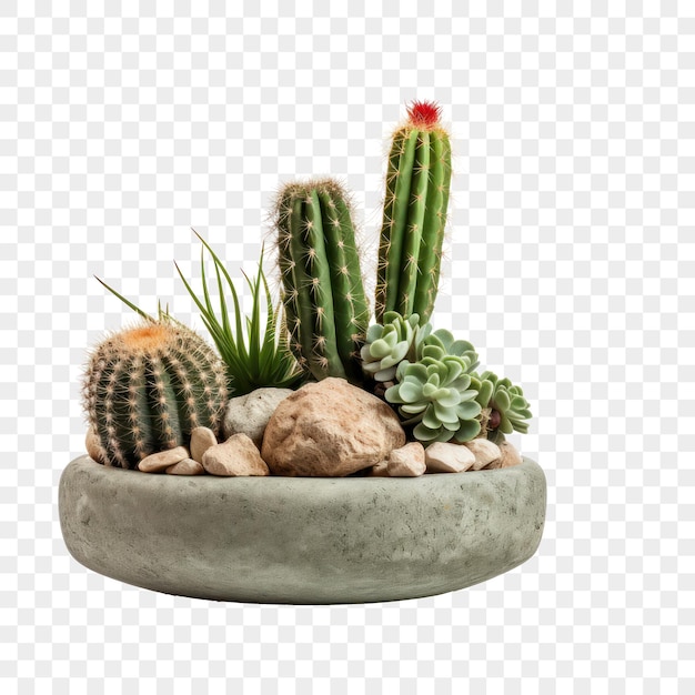 Assorted Cacti Collection In A Stone Pot Isolated on Background