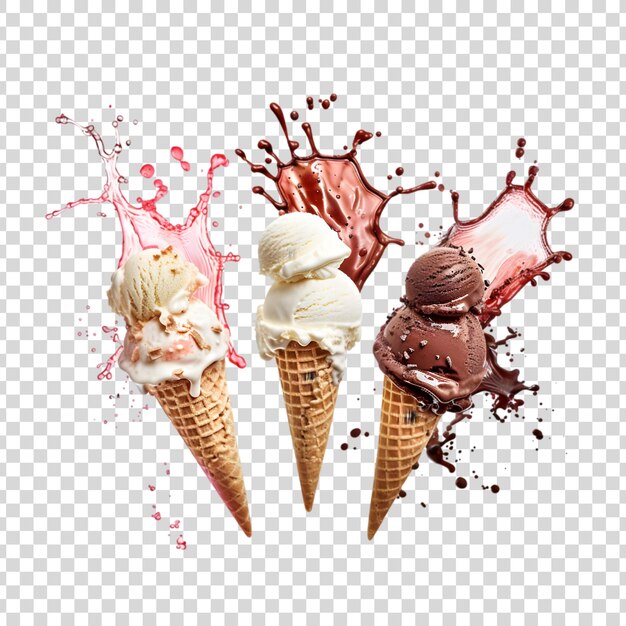 Assorted cone ice cream with colorful splashes on a transparent background