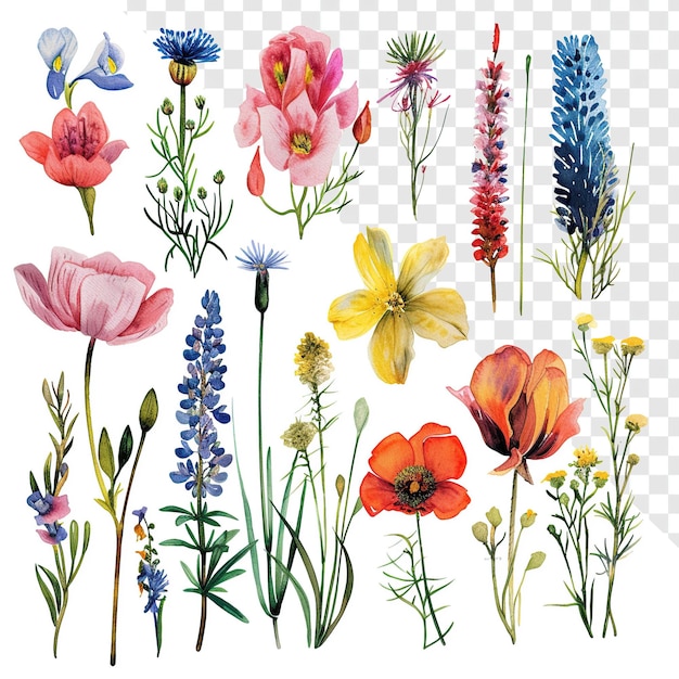 Assorted Flowers Watercolor Floral Graffiti Hand Drawn Design