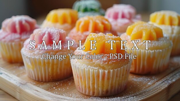 PSD assorted fruit topped cupcakes on wooden board