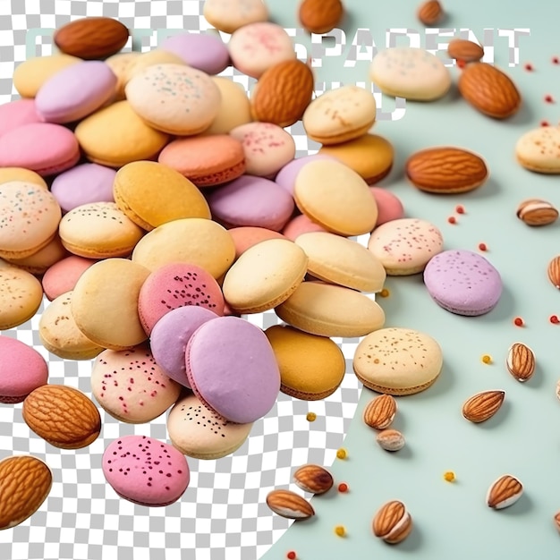 Assorted macarons and almonds on transparent background confectionery perfection