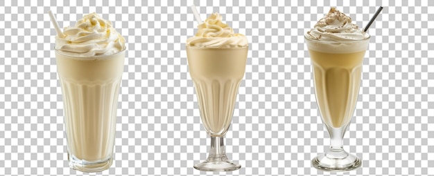 PSD assorted milkshakes with whipped cream on transparent background