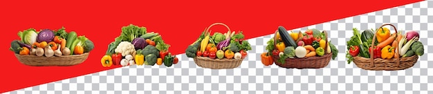 PSD assorted organic vegetables and fruits in wicker basket isolated on png