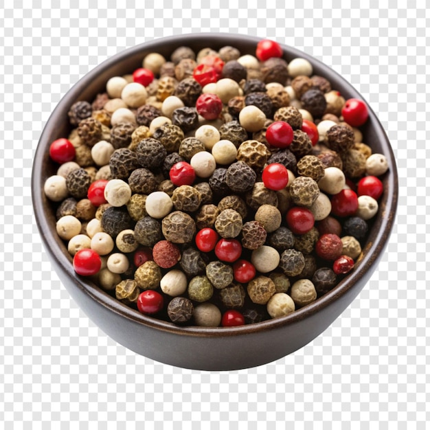 Assorted peppercorns in a bowl close up isolated on transparent background