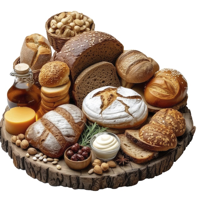 Assortment Baked Bread On Wooden Table Isolated On Transparent Background