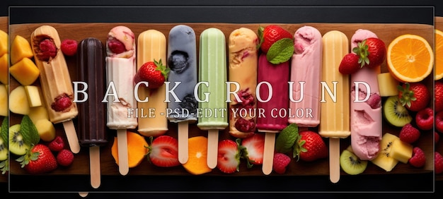 PSD assortment of colorful fruit popsicles on wooden board