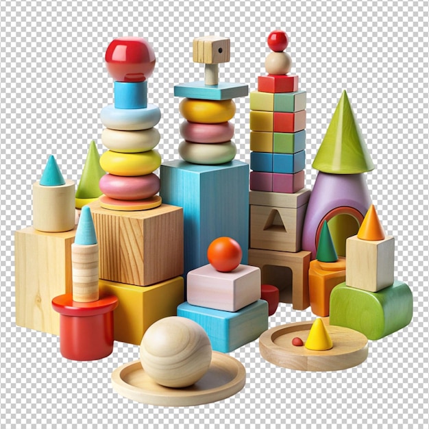 PSD assortment of colourful wooden toys on white background