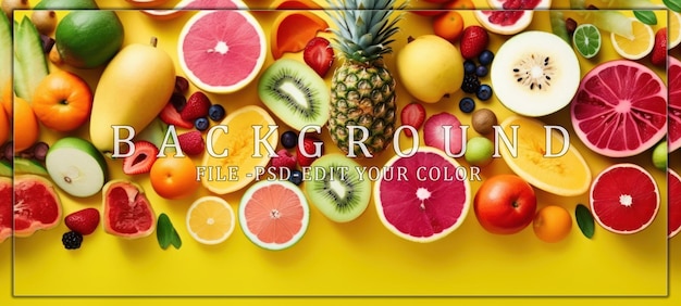 PSD assortment of fresh fruits on yellow background