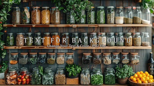 PSD assortment of goods in glass jars on wooden shelves