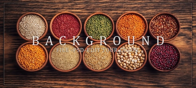 PSD assortment of grains and legumes in wooden bowls