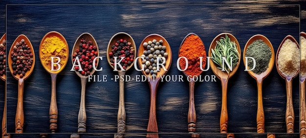 PSD assortment of spices and herbs in wooden spoons