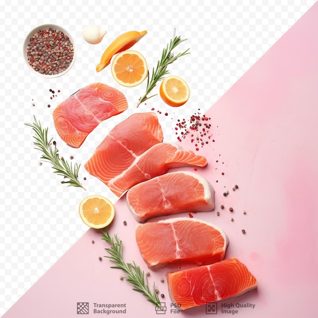 Assortment of uncooked salmon steaks salted and seasoned on transparent background table