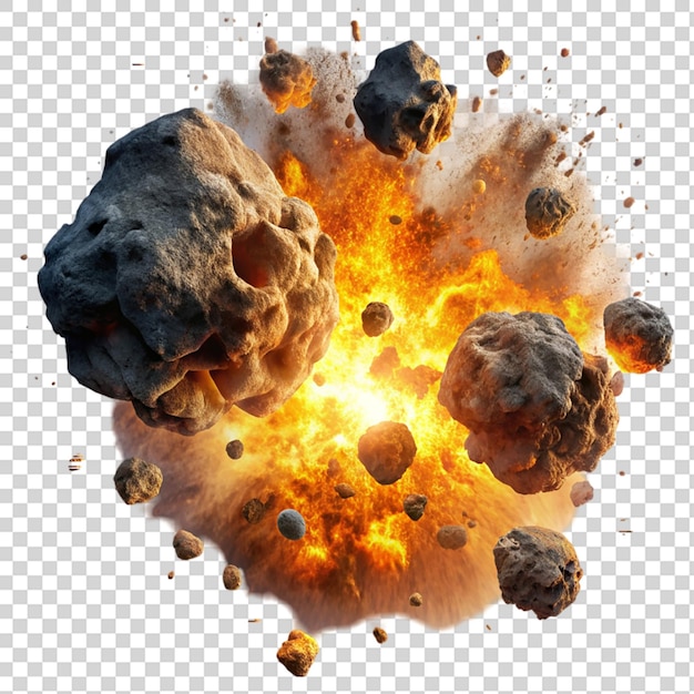 PSD asteroids collide in fiery explosions isolated on transparent background