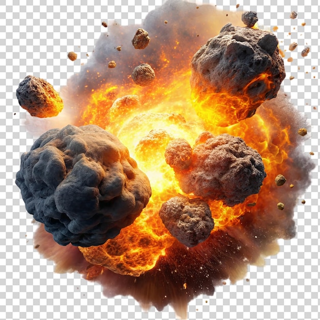 PSD asteroids collide in fiery explosions isolated on transparent background