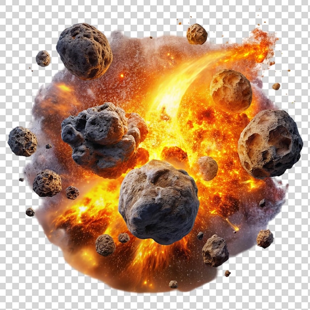 PSD asteroids collide in fiery explosions isolated on transparent background