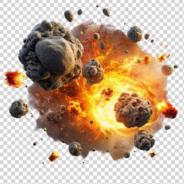 PSD asteroids collide in fiery explosions isolated on transparent background